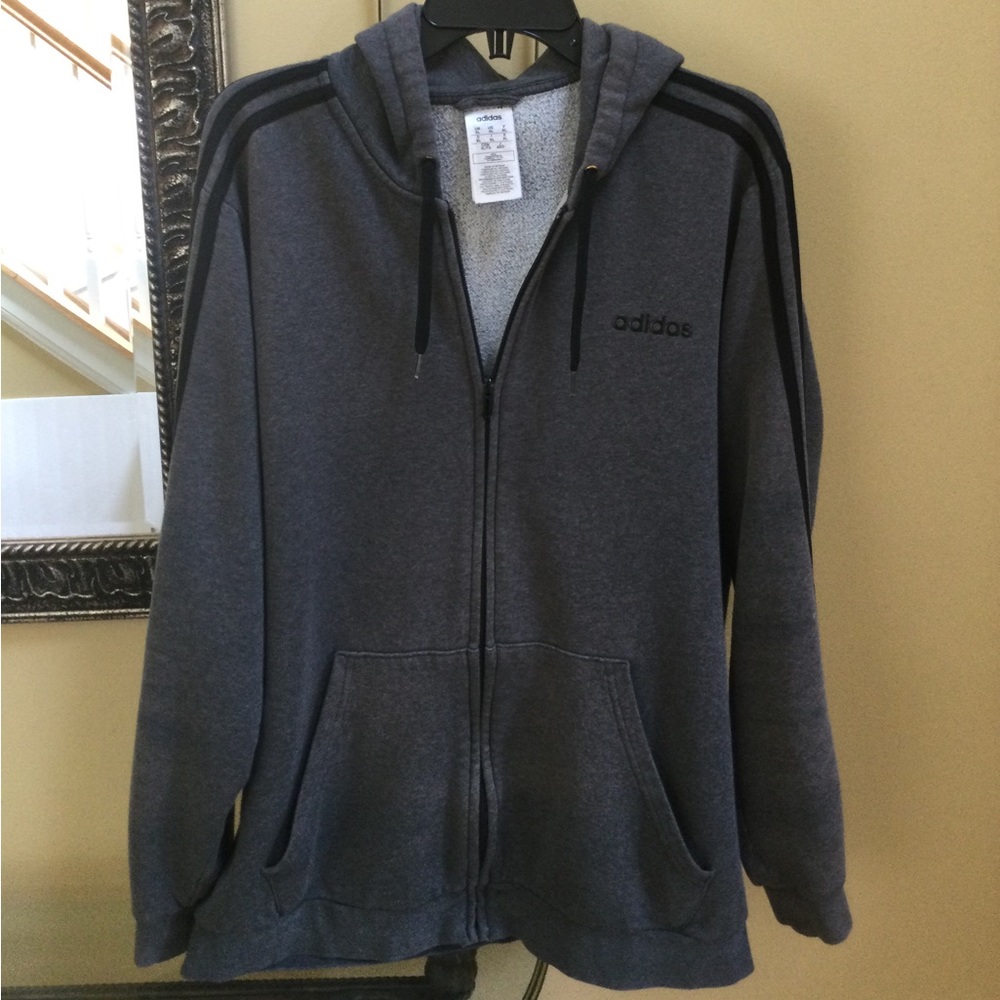 Adidas Men's XL 3 Stripes Fleece Full-Zip Hoodie Dark Grey & Black Jacket.